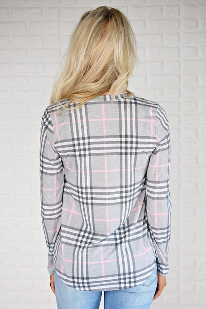 Damen Lässiges Langarmshirt mit Karomuster und seitlichen Schlitzen Drune