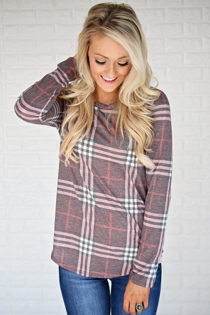 Damen Lässiges Langarmshirt mit Karomuster und seitlichen Schlitzen Drune