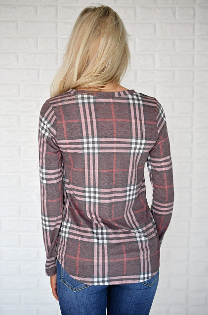 Damen Lässiges Langarmshirt mit Karomuster und seitlichen Schlitzen Drune