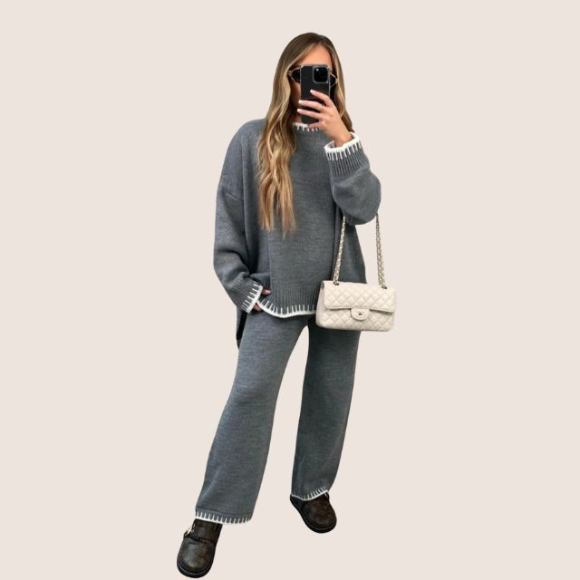 Drune | Schickes Strick-Loungewear-Set mit Kontrastbesatz