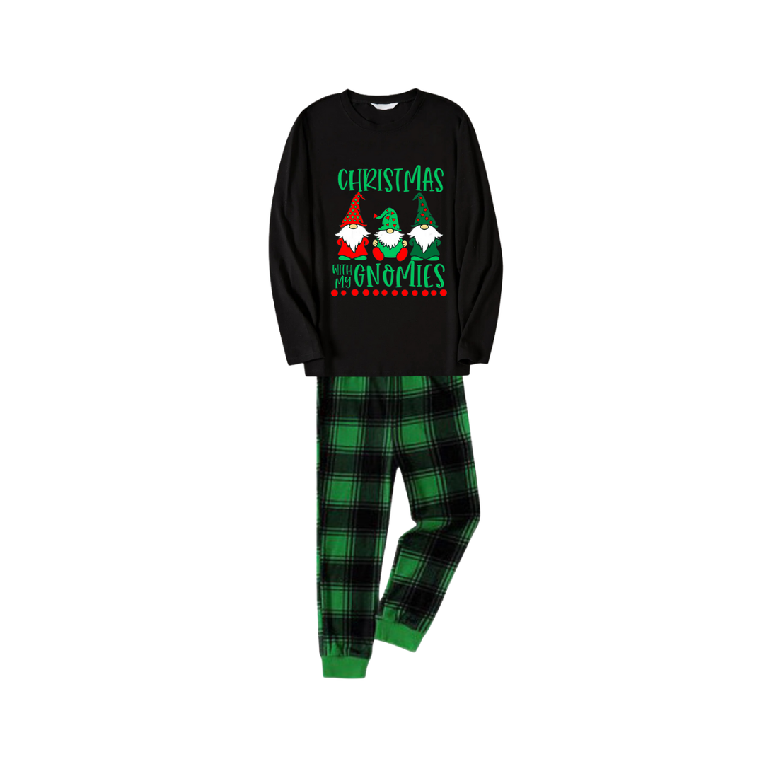 Drune | Schwarzes Top und grüne karierte Hose Weihnachts-Pyjama-Set mit "Weihnachten mit meinen Gnomies" Textdruck