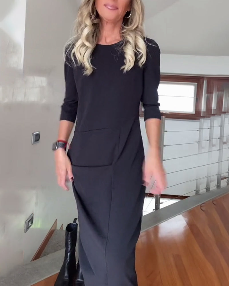 Drune | Elegantes Plissiertes Kleid in Volltonfarbe mit Rundhalsausschnitt