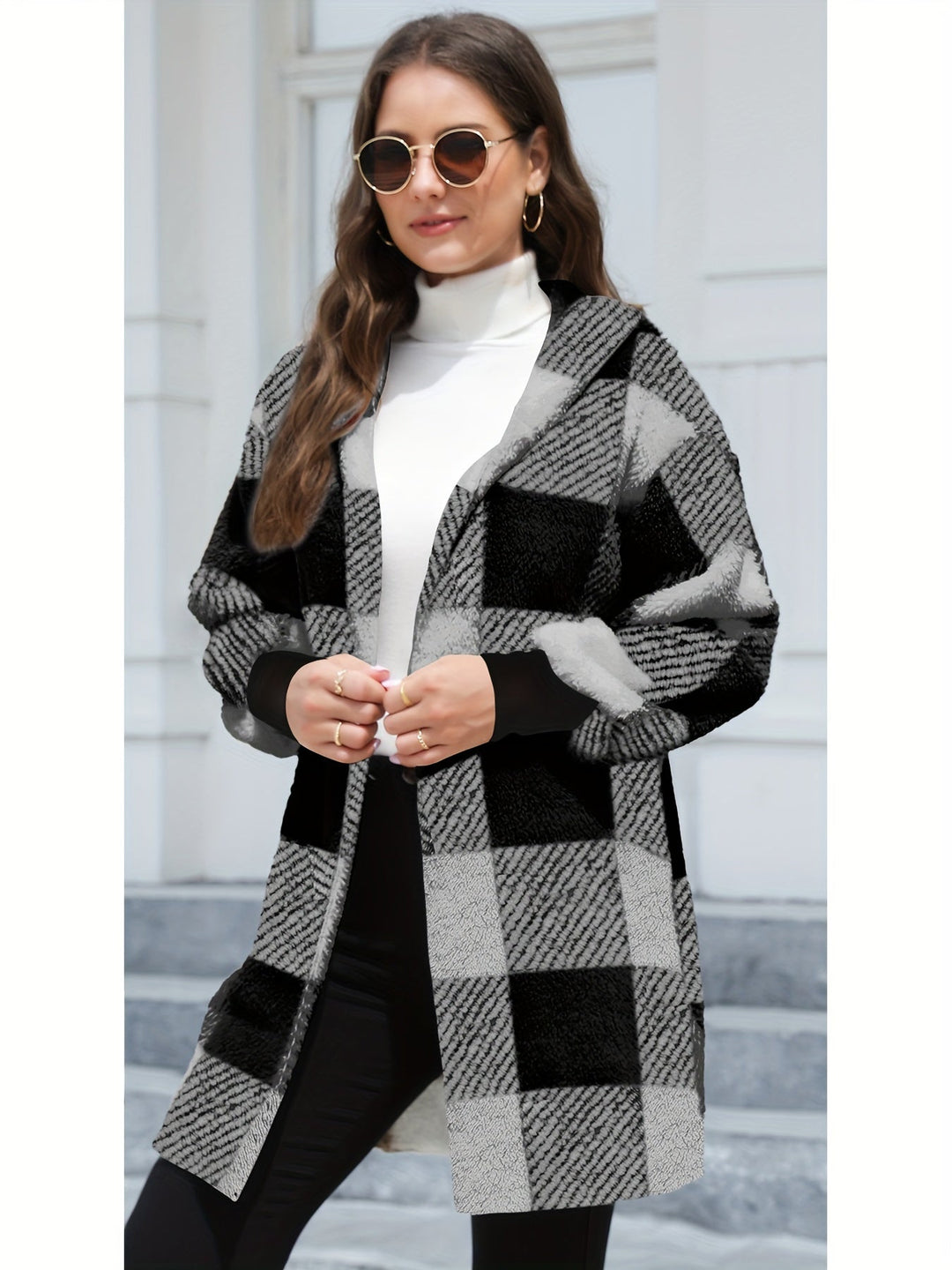 Drune | hooded karierten Fleece-Strickwaren-Cardigan für Damen - Perfekt für den Alltag
