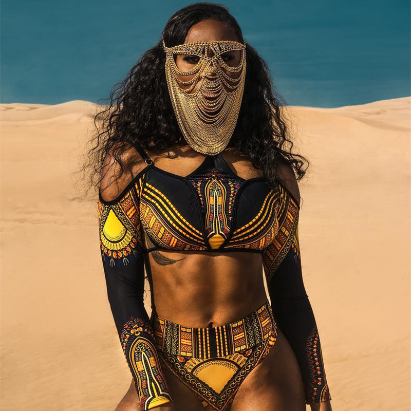 Damen Crop-Top Bikini mit langen Ärmeln und innovativem Muster Drune