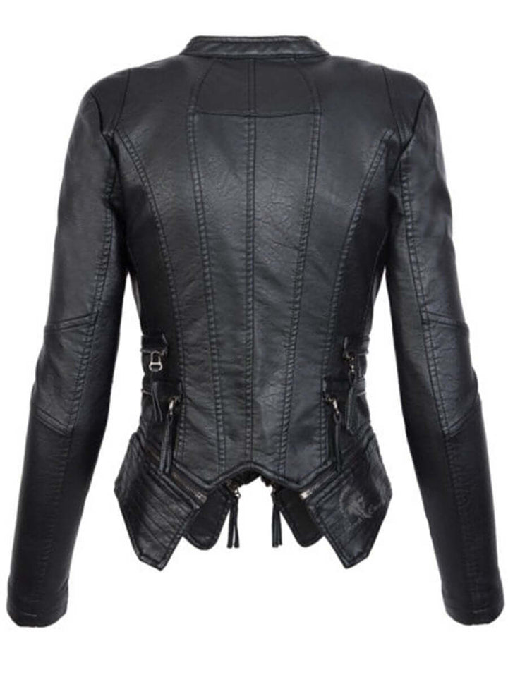 Drune | Damen Schwarze Asymmetrische PU-Leder Bikerjacke