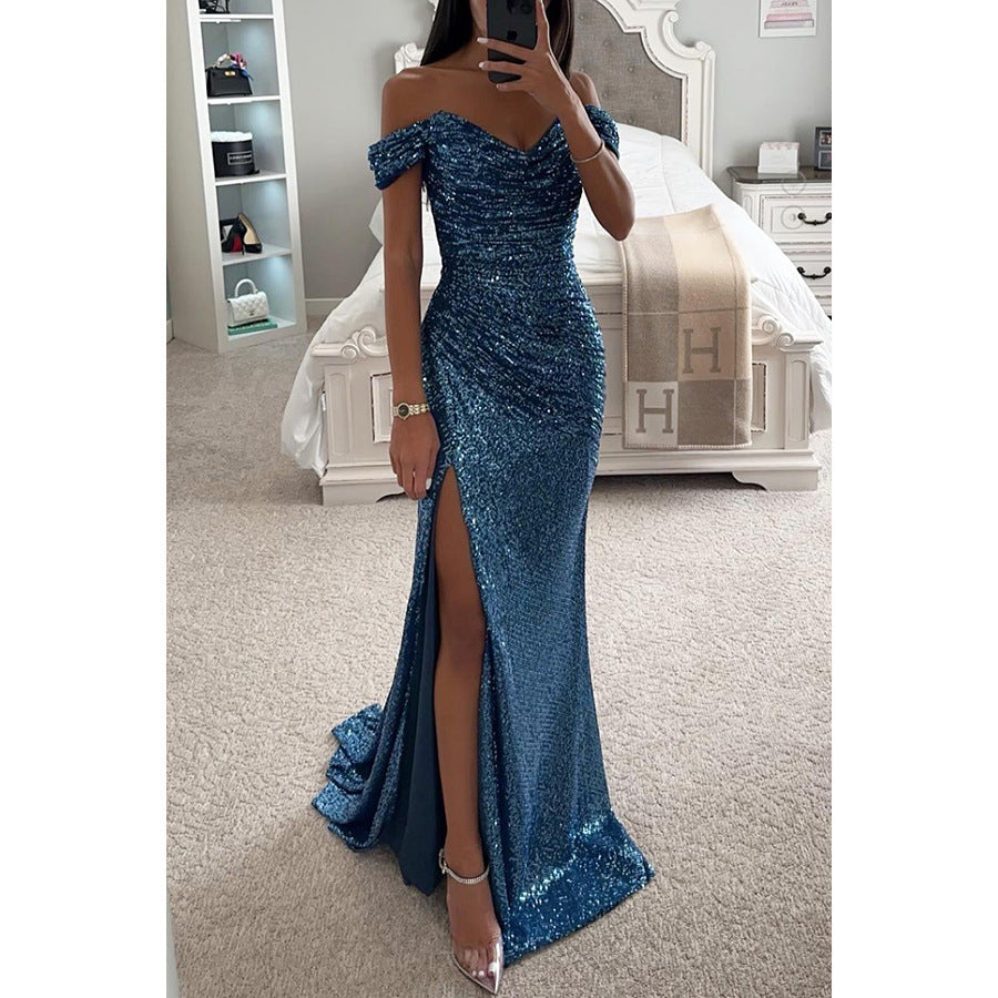 Drune | Off Shoulder Abendkleid Mit Pailletten Elegantes Partykleid Mit Schlitz Und Figurbetontem Schnitt Für Festliche Anlässe