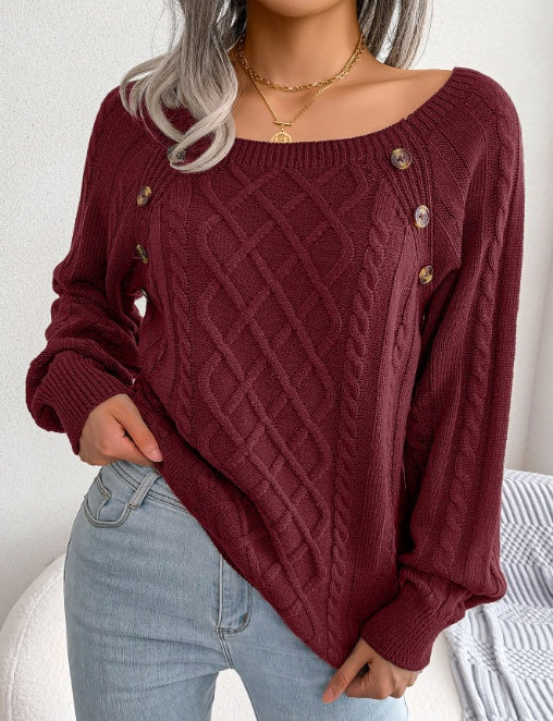 Drune | Süßer Pullover mit Quadrat-Ausschnitt und gedrehten Knöpfen