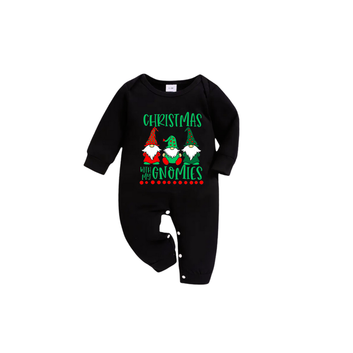 Drune | Schwarzes Top und grüne karierte Hose Weihnachts-Pyjama-Set mit "Weihnachten mit meinen Gnomies" Textdruck