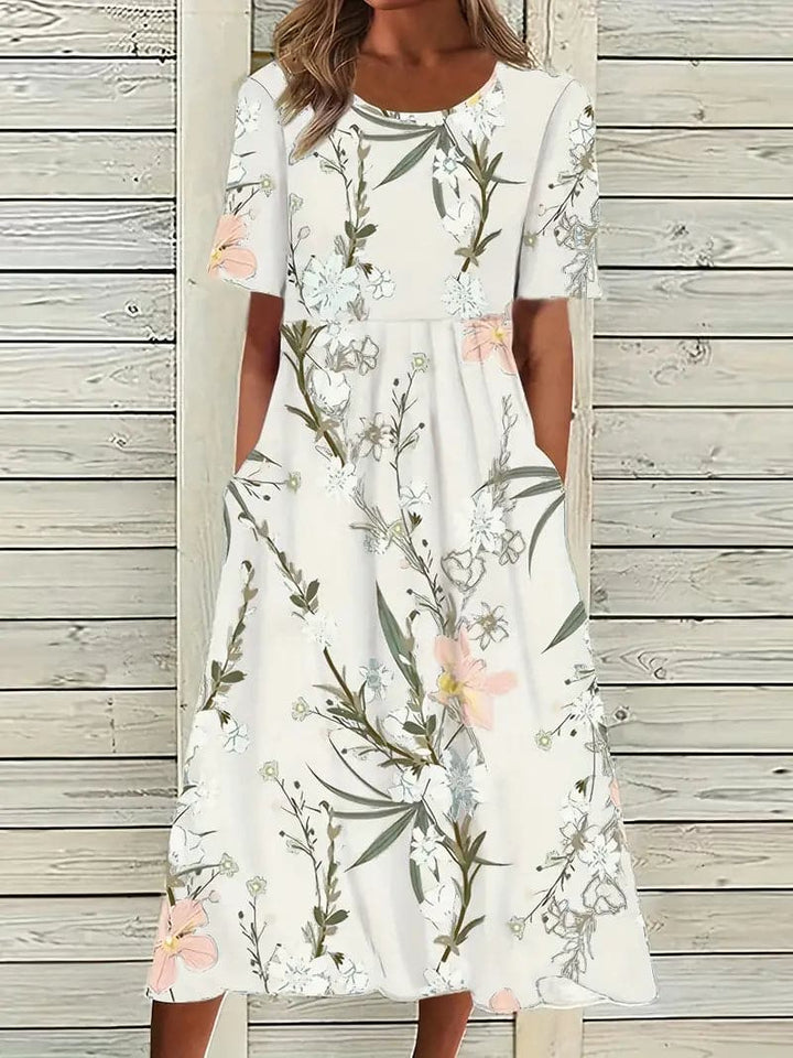 Drune | Midi Kleid Blumendes Muster Rundhals Kurze Ärmel Luftig und Bequem