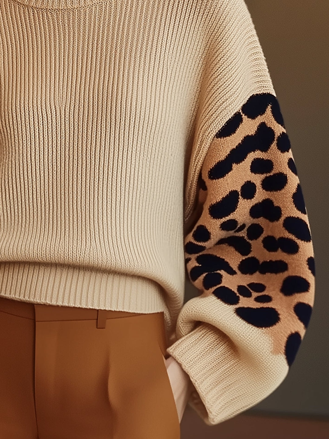 Drune | Rollkragen-strickpullover Leopardenärmel Modernes Aussehen