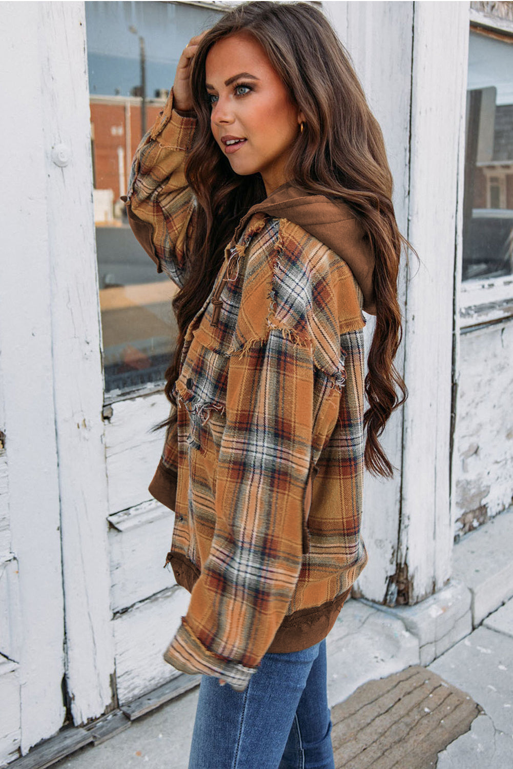 Drune | Karierte Jacke mit Kapuze und Rohen Kanten Baumwolle Lässig und Trendy