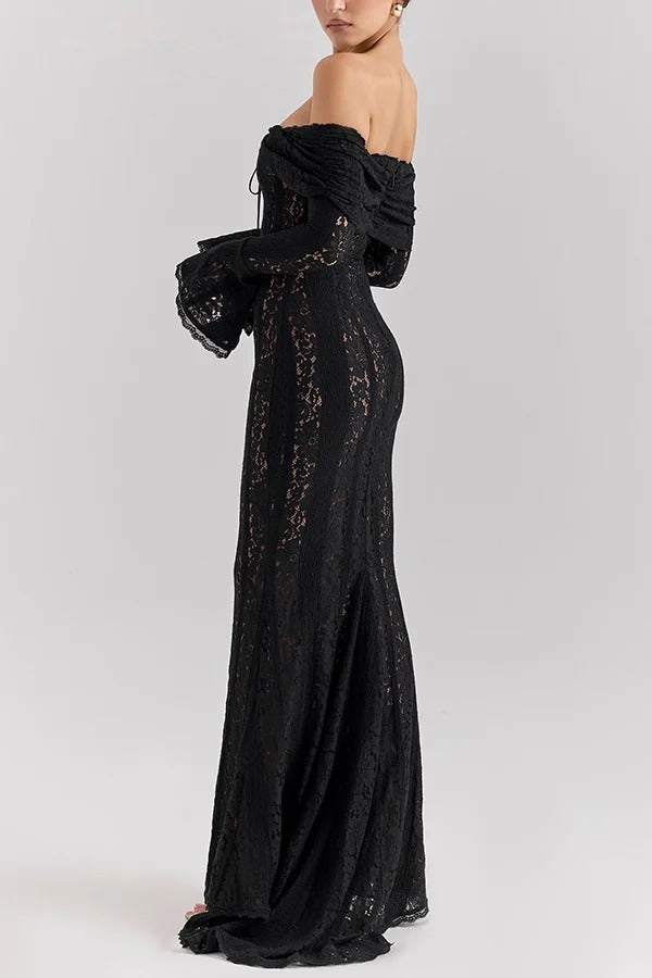 Drune | Blumen Spitze Off Shoulder Flare Ärmel Fishtail Maxi Kleider - Weiß