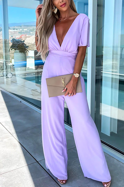 Drune | Rosiedress Tiefer V-Ausschnitt Rüschensleeve Hoch Taille Weite Bein Jumpsuit