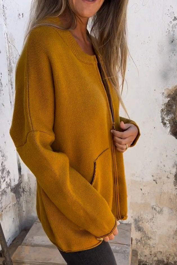 Drune | Farbe Rundhalsausschnitt Langarm Freizeit Reißverschluss Tasche Strickjacke