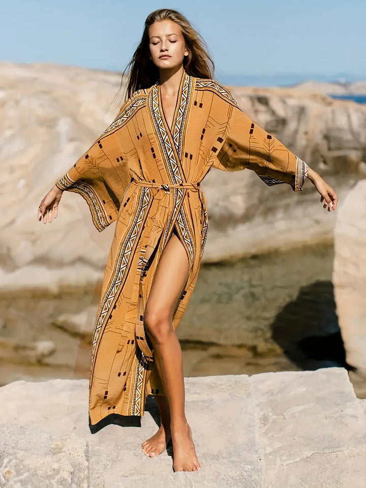 Drune | Boho Plus Size Kimono mit Bindegürtel Maxi Tunika