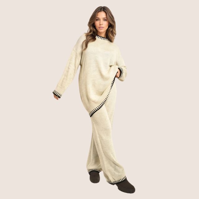 Drune | Schickes Strick-Loungewear-Set mit Kontrastbesatz