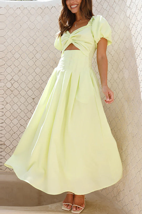 Drune | Rosiedress Puffärmel Twist-Front Cut-Out Schwung Maxi-Kleid