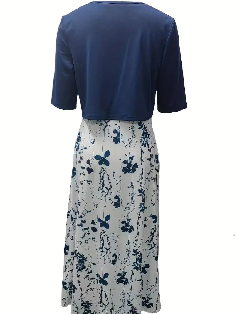 Drune – elegantes zweiteiliges blumenkleid-set mit einfarbigem crop-top und kleid mit rundhalsausschnitt