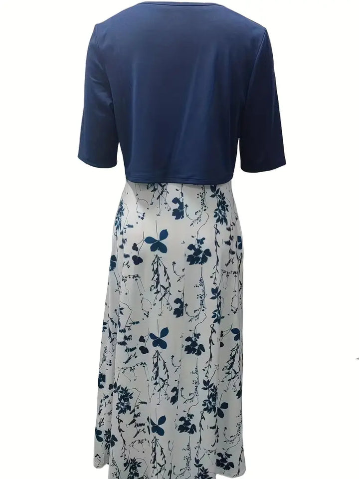 Drune – elegantes zweiteiliges blumenkleid-set mit einfarbigem crop-top und kleid mit rundhalsausschnitt