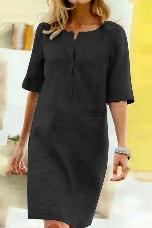 Drune | Gerade Kleid mit Kurzen Ärmeln aus Baumwolle und Leinen