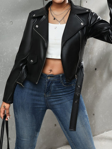 Drune | Schwarze Lederjacke mit Gürtel für Damen