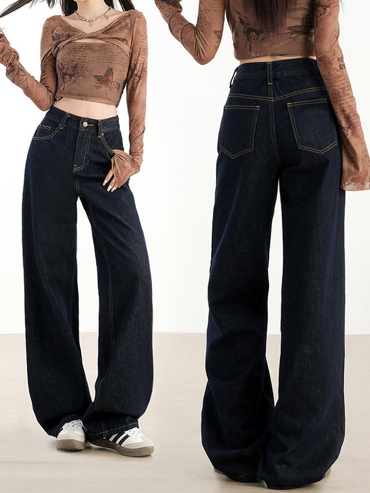Drune | Lockere Dunkle Hohe Taillen Bodenlange Denim Hose