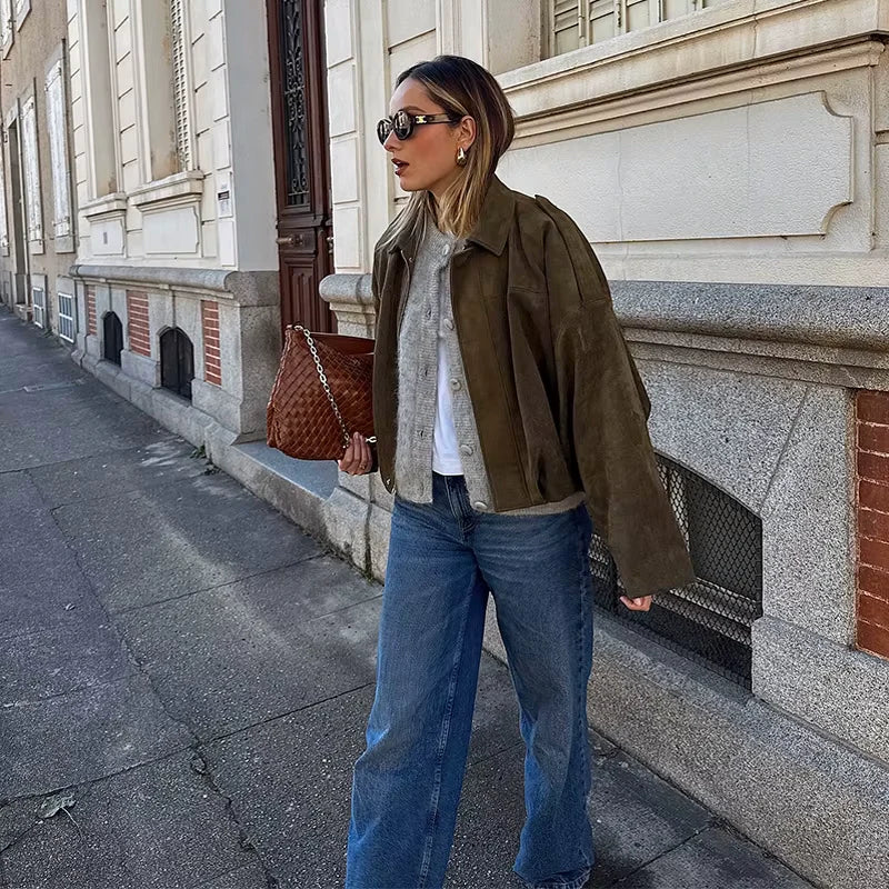Drune | Überdimensional Jacke - Weiche Wildlederoptik - Voll gefüttert - Khaki