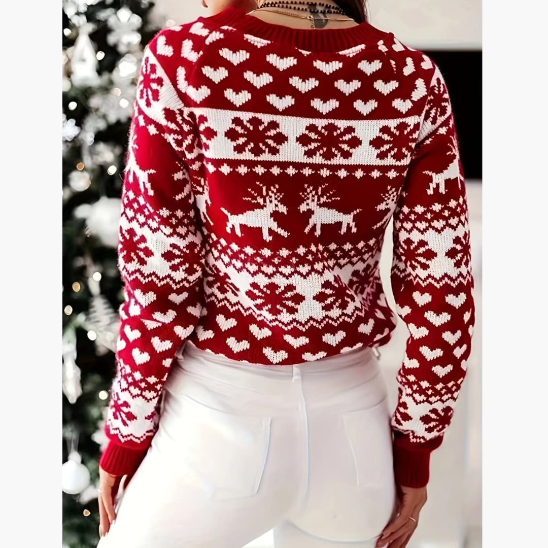 Drune | Bequem Elegant Rot Rentier Schneeflocke Rundhals Pullover