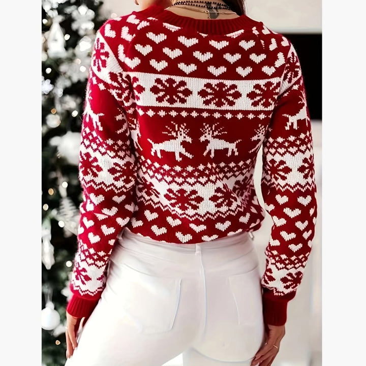 Drune | Bequem Elegant Rot Rentier Schneeflocke Rundhals Pullover