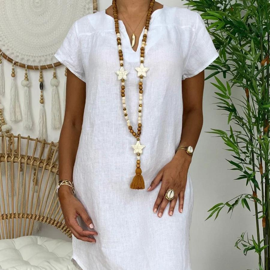 Drune | Schickes Midikleid Mit V-ausschnitt Aus Leinen Für Damen