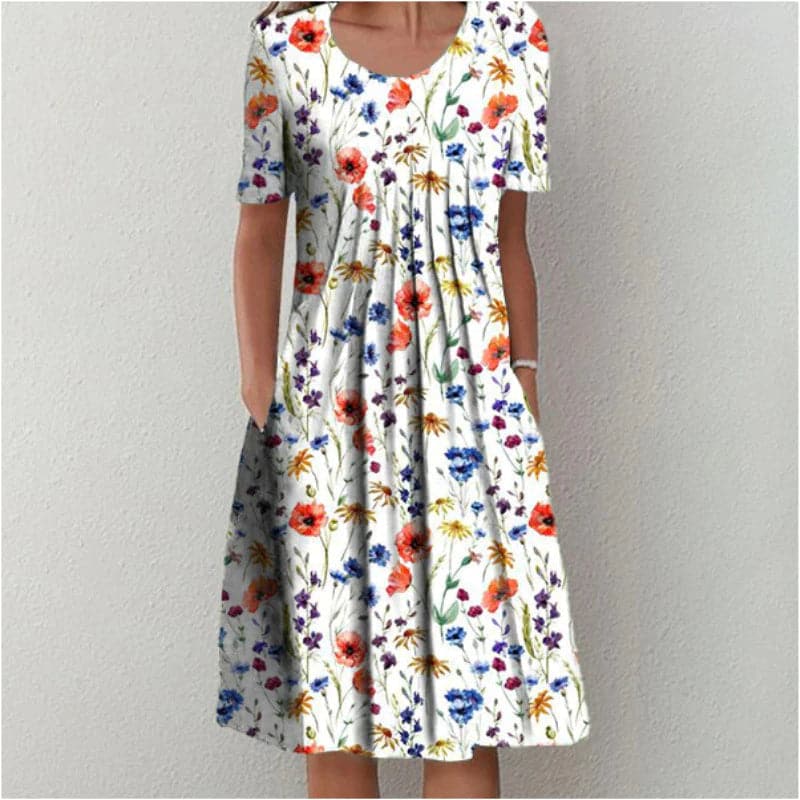 Drune | Kleid A-Linie Passform Knielang mit Kurzen Ärmeln Blumenmuster mit Taschen