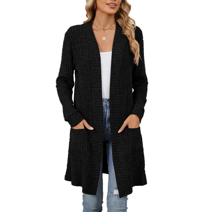 Drune | Lange Strickjacken Damen Gerippte Offene Vorderseite Jacke mit Taschen