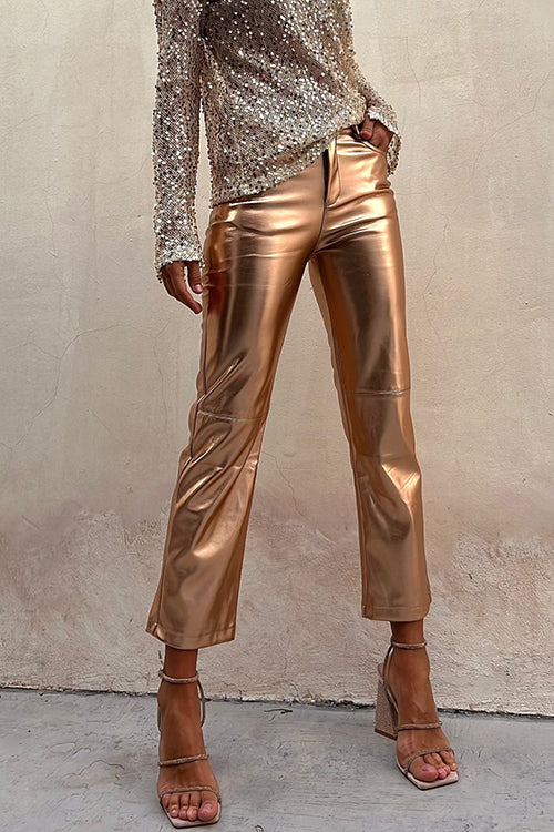 Drune | Metallic Kunstleder Geradeleg Cropped Hose