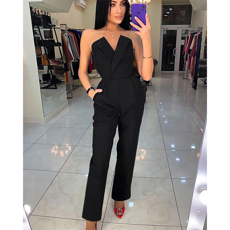 Drune | Off Shoulder Sexy V-Ausschnitt Lange Hose Jumpsuit