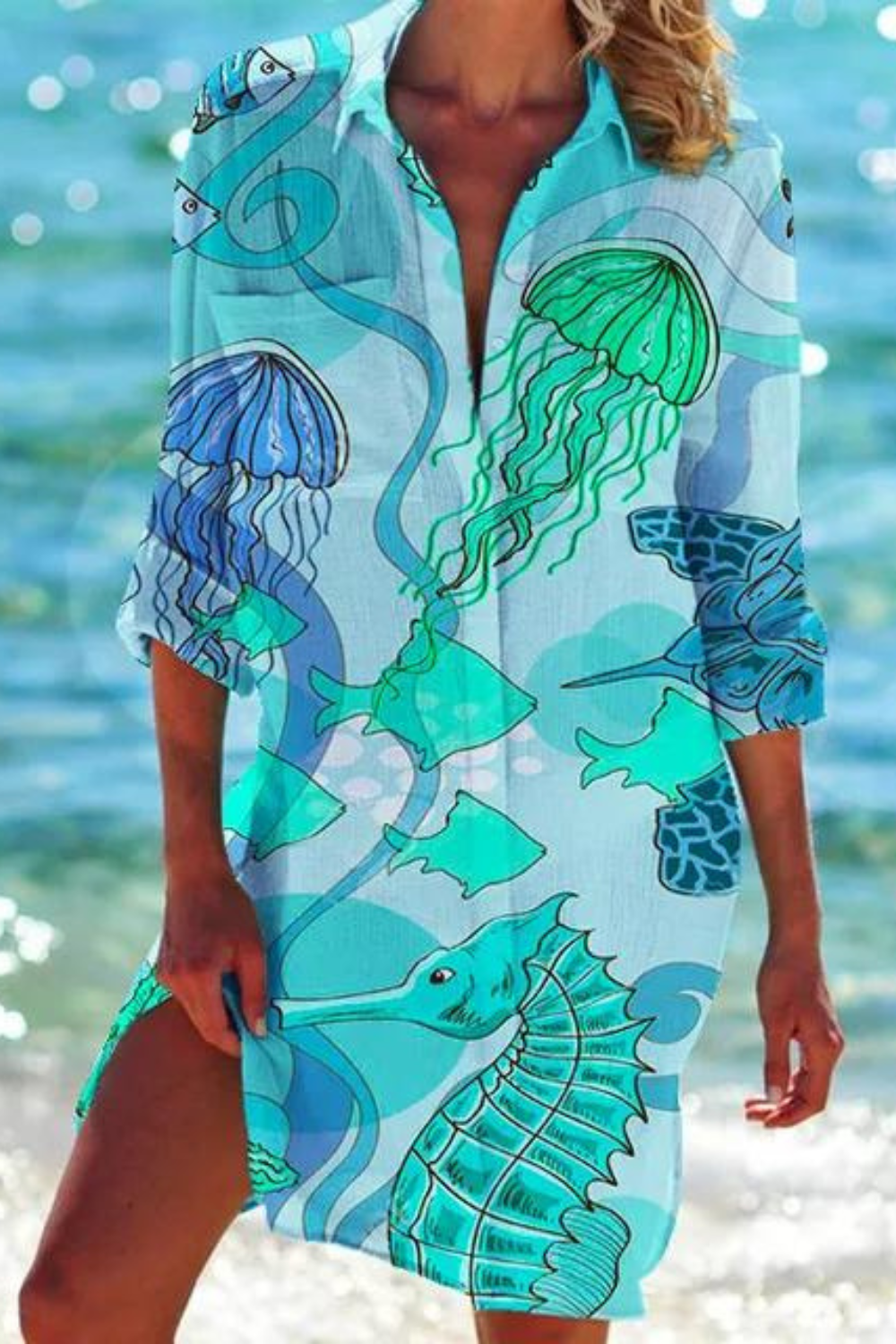 Drune - Lange Strandbluse mit Meeresmotiv