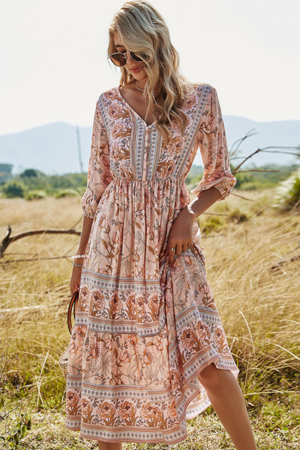 Drune | Hohe Taille V-ausschnitt Boho Strandkleid
