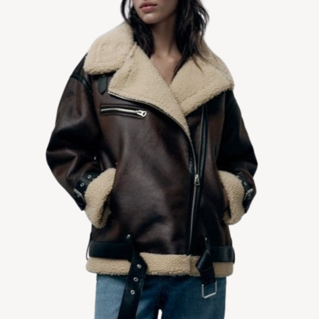 Drune | Damen Faux Shearling Pilotenjacke Braun