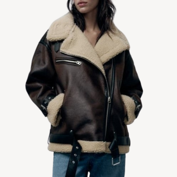 Drune | Damen Faux Shearling Pilotenjacke Braun