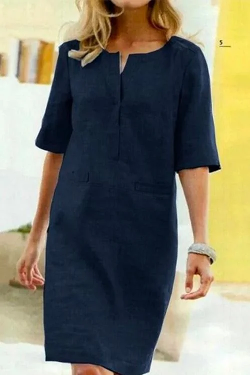 Drune | Gerade Kleid mit Kurzen Ärmeln aus Baumwolle und Leinen