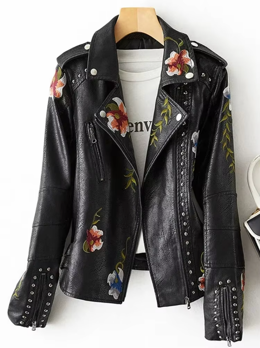 Drune | Lederjacke Taillierte Passform Bestickte Blumen Nieten Biker Stil