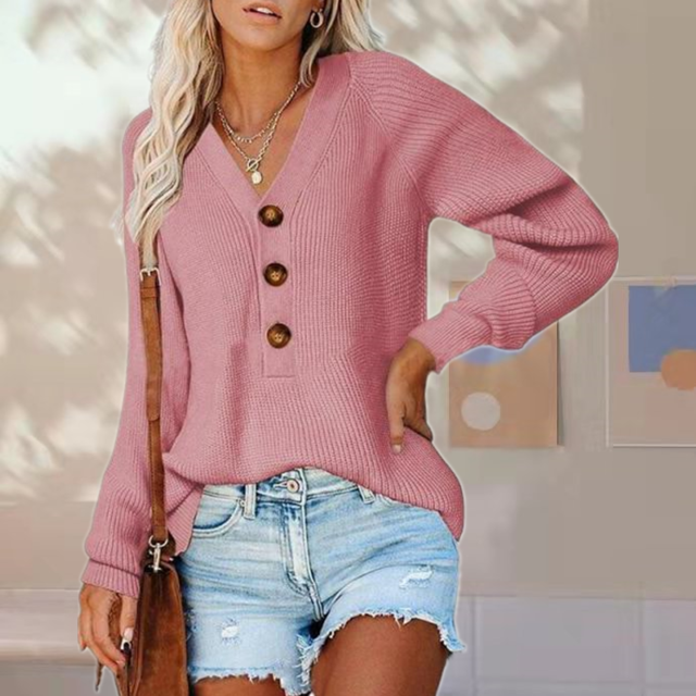 Drune | Pullover - Damen Herbst Knopf V-Ausschnitt Strickpullover