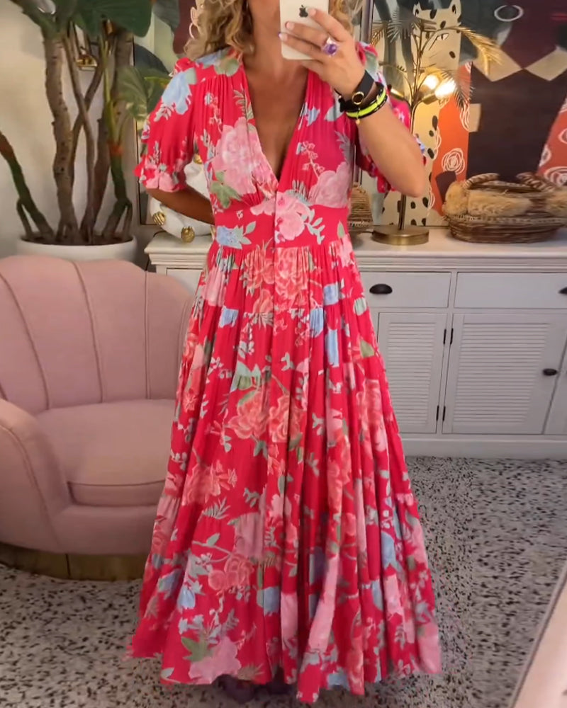 Drune Kleid | Trendiges langes Blumenkleid mit V-Ausschnitt und kurzen Ärmeln für Damen