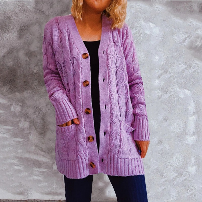 Drune | Wollstrickjacke Damen Mit Zopfmuster Und Holzknöpfen, Lockere