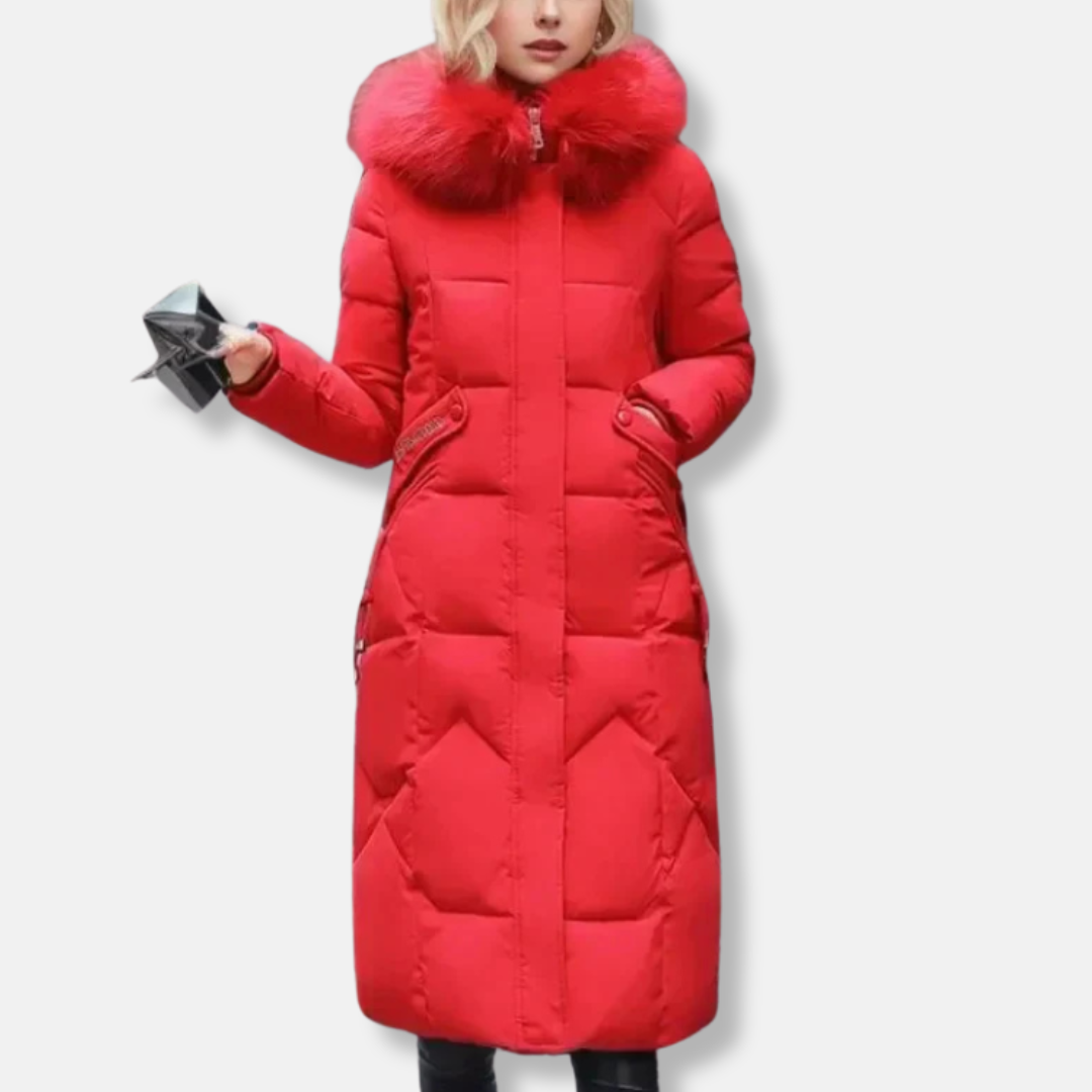 Drune | Damen Wattierte Jacke – Schmaler Schnitt – Ge quiltetes Design – Abnehmbarer Pelzkragen – Voller Länge