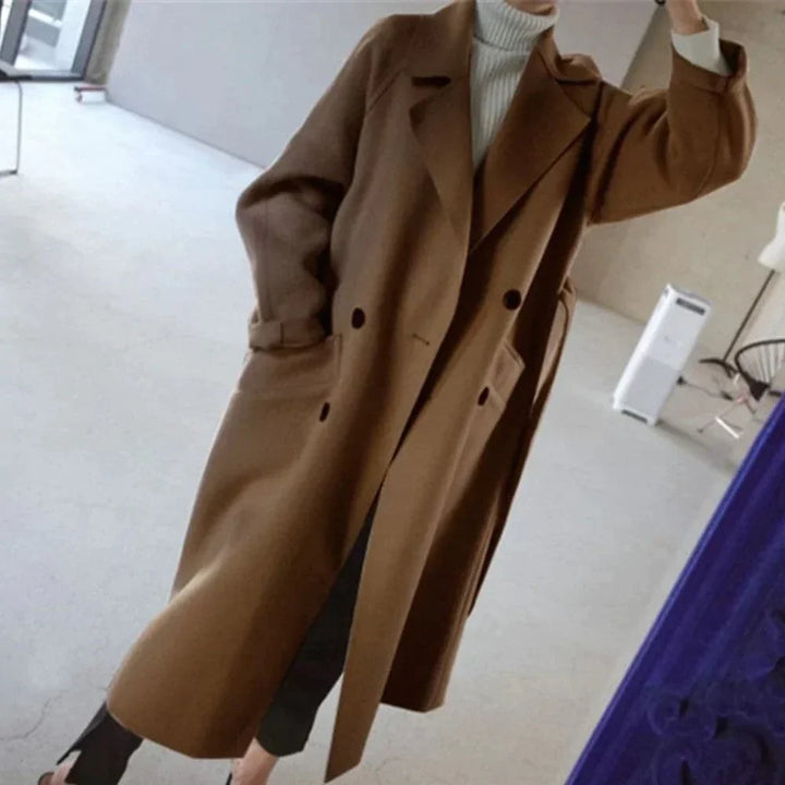 Drune | Lange Wolljacke Klassische Passform Doppelreihig Mit Gürtel Elegantes Design