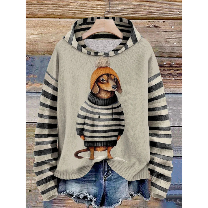 Drune | Damen Relaxed Fit Fleece Gefühl Hund Druck Gestreifte Ärmel