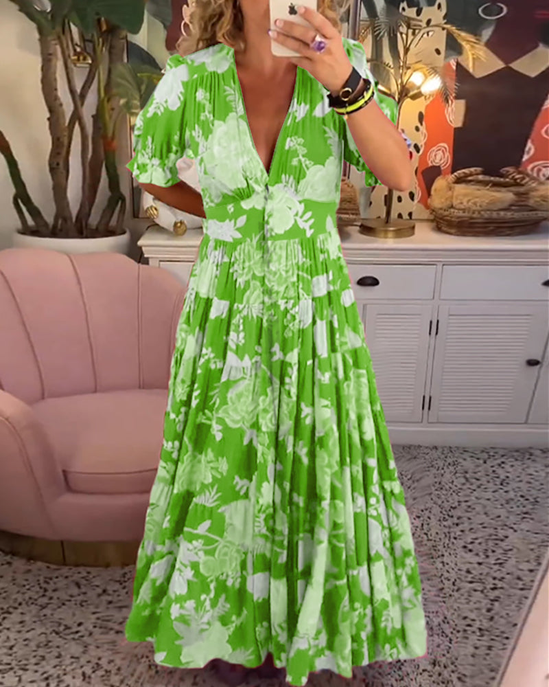 Drune Kleid | Trendiges langes Blumenkleid mit V-Ausschnitt und kurzen Ärmeln für Damen