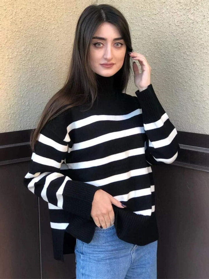 Drune | Strickpullover - Oversized Fit - Hoher Kragen - Weiche gestrickte Streifen