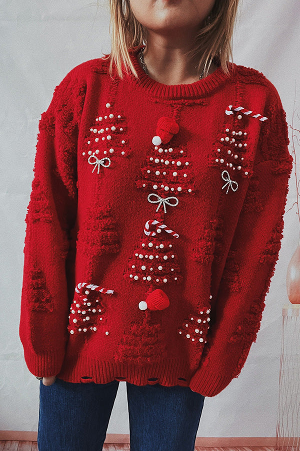 Drune | Handgemachter Perlen-Weihnachtsthema-Pullover dreidimensionaler dekorativer Pullover