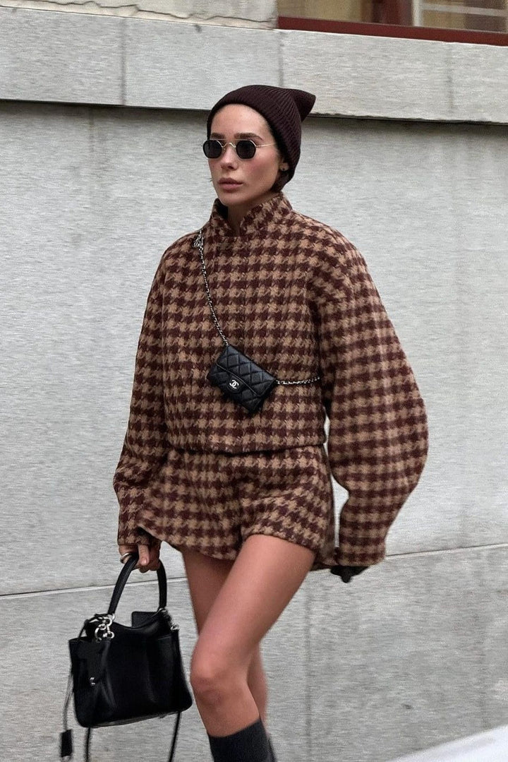 Drune | Hahnentritt Reißverschlussjacke und Shorts Zweiteiliges Set